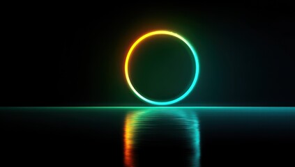 A vibrant, glowing circle of neon light, reflected on a dark teal surface, creates an otherworldly, futuristic scene.