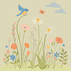 Charming spring meadow with bluebird and butterflies