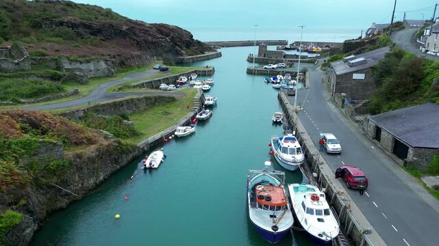 Aerial view over the harbor at Amlwch on the coast of the island of Anglesey in north Wales in the United Kingdom