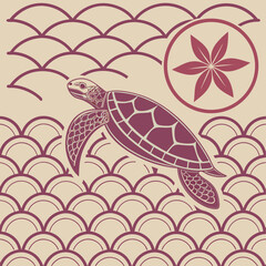 Stylized sea turtle with japanese wave pattern and flower emblem