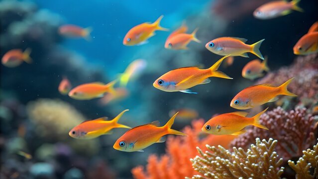 School of Lyretail Anthias Fish Swimming in Coral Reef Habitat