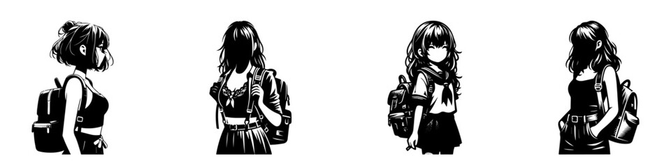 Modern Minimalist Girl with Half Body Wearing Backpack Style Icon, Flat Silhouette of a Casual Outfit Vector for Adventure Illustration Design