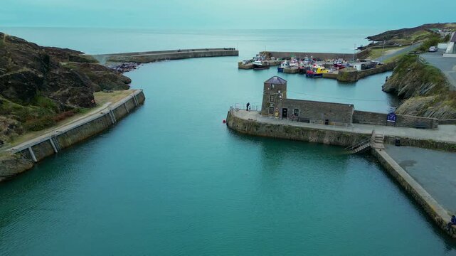 Aerial view over the harbor at Amlwch on the coast of the island of Anglesey in north Wales in the United Kingdom