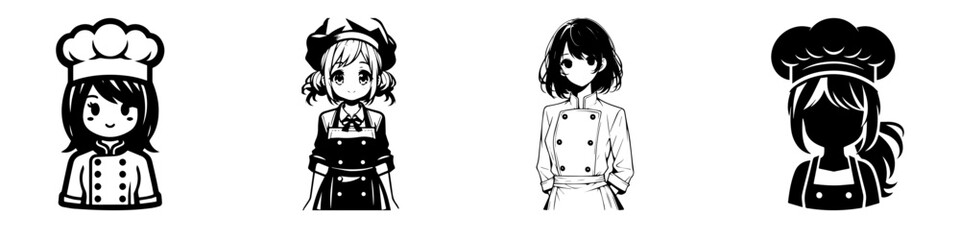 Obraz premium Modern Minimalist Girl with Half Body Wearing Chef Outfit Icon, Flat Silhouette of a Professional Outfit Vector for Culinary Illustration Design