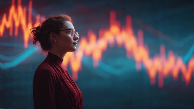 Market Analysis Vision: A contemplative person gazes thoughtfully upon a dynamic display of market analysis, bathed in the radiant glow of economic data, symbolizing foresight and strategic thinking.