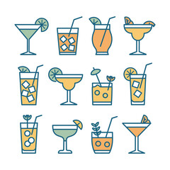 A diverse collection of refreshing summer cocktail illustrations with garnishes like lime and mint, presented in a modern flat line art vector icon set.