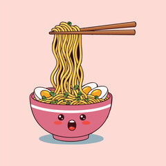 Cute Kawaii Ramen Bowl with Chopsticks and Boiled Egg Cartoon Vector