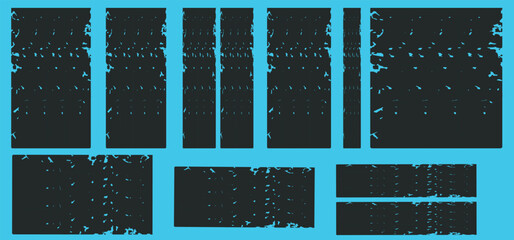 Obraz premium Linocut stamp texture collection. Grunge urban backgrounds set. Rough black ink roller textures. Hand drawn black paint stamp on bright blue bg. Street art distress overlay. Lino ink grungy remains.