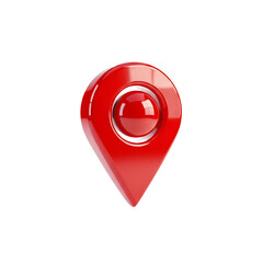 A glossy red map pin icon, symbolizing location and navigation, isolated on a transparent background
