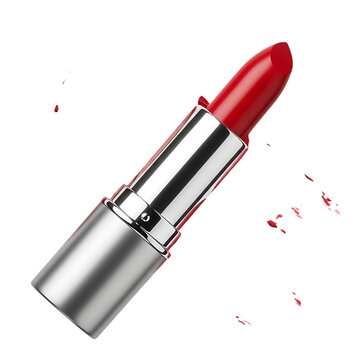 A classic red lipstick with a silver case, isolated on transparent background, showcasing its elegant design and vibrant color, perfect for makeup and beauty content
