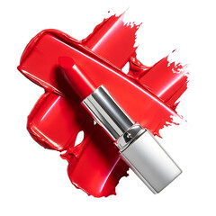 A vibrant red lipstick with a metallic silver case, isolated on a transparent background,...