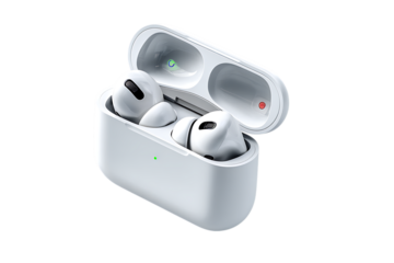 White wireless earbuds with charging case isolated on transparent background