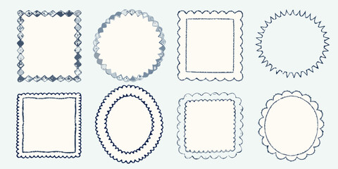 Collection of eight hand drawn decorative frames and borders in various shapes and styles