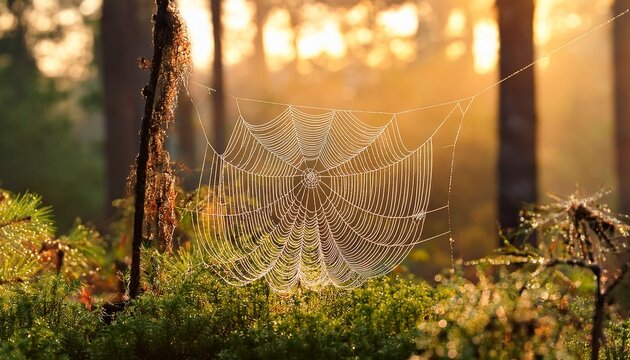 sunlit dewy spider web in forest