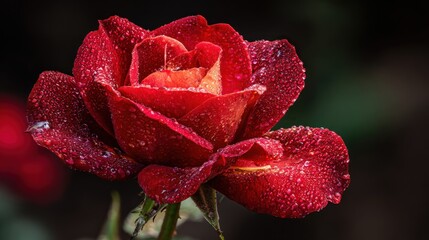 A vibrant red rose bloom is covered in glistening dewdrops, set against a soft, blurred, dark background, highlighting its textured petals