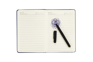 Notebook with scribbled doodle and black pen on lined pages representing brainstorming or stress.