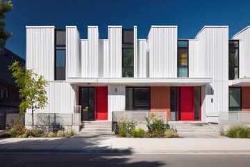 Modern architectural design showcases a row of contemporary townhouses with striking red doors amidst lush greenery on a sunny day