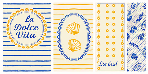 Collection of four vertical designs featuring italian phrase la dolce vita and french phrase lie rs with nautical and botanical motifs