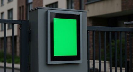 Vertical green screen on a digital billboard mounted on a modern metal security gate, representing a mockup for outdoor advertising or a smart home intercom system