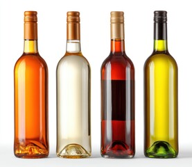 Four tall, slender glass bottles filled with clear, colorful liquids (orange, white, amber, yellow) stand against a clean white background in studio lighting