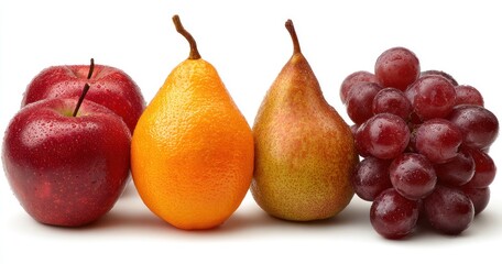 Fresh arrangement of apples, orange, pears, and grapes against a white background, showcasing their vibrant colors and textures