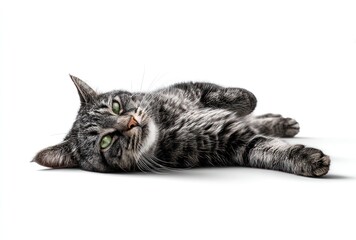 A silver tabby cat, captured against a bright white backdrop, playfully lies on its side, paws curled, with its green eyes gazing