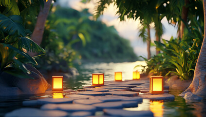 Pathway illuminated by lanterns in a tropical garden at dusk