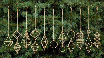 Golden geometric ornaments hang against blurred evergreen branches. Each displays a unique shapes diamonds, circles, & triangles, arranged in delicate, skeletal structures