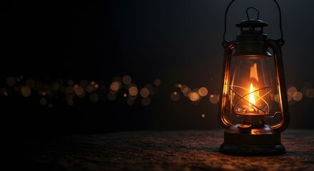 Vintage lantern glowing warmly in the dark with bokeh lights in the background