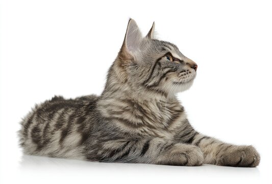 Gray tabby cat lies down, viewed in profile on white, looking right. Fur patterns are detailed and the cat appears relaxed and alert
