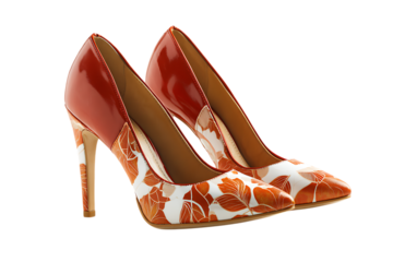 Stylish orange floral pattern stiletto heels isolated on transparent background