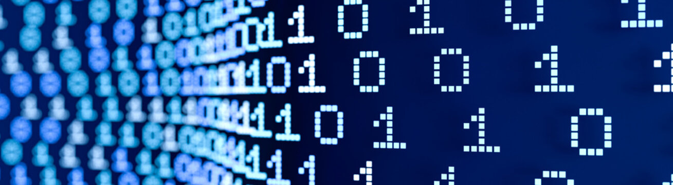 Close up abstract binary code in blue and white, computer language, software programming. Technology, coding, science, artifical intelligence, machine learning. 3D illustration