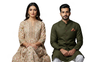 Young indian couple in traditional attire isolated on transparent background