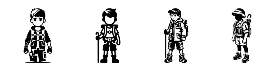 Modern Minimalist Boy with Half Body Wearing Hiking Outfit Icon, Flat Silhouette of an Outdoor Outfit Vector for Adventure Illustration Design