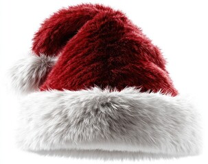 Festive Santa hat with a red plush crown and fluffy white trim, isolated on a white background, evoking warmth and holiday cheer