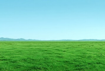 Fototapeta premium Vast, vibrant green field stretches to a distant mountain range beneath a clear blue sky. A serene & peaceful natural landscape view