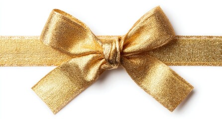 A close-up on a shimmering gold fabric bow tied neatly on a matching ribbon against a stark white background, creating a festive and elegant appearance