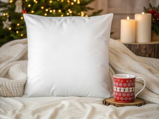 Throw pillow mockup for Christmas White pillow on a cozy blanket with a patterned mug on a coaster, candles and twinkling Christmas tree lights creating a warm festive living room scene.