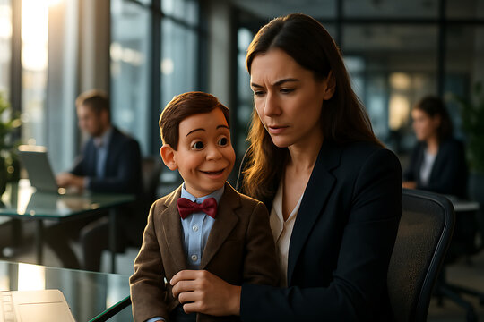 Corporate Collaboration: A businesswoman engages in a moment of quiet contemplation while a cheerful ventriloquist dummy sits beside her, suggesting themes of unusual partnerships.