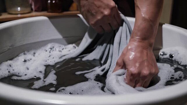 Person washing their hands in sink. A woman is washing her clothes in a sink. A basin with soap and water action cleaning basin. An individual cleaning their hands at a sink lifestyle.