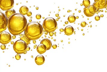 Golden liquid spheres of varying sizes, clustering towards the left, create a sense of swirling movement against a clean, white backdrop