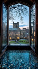 View of gothic architecture through open arched window, showing stone building, green lawn, & branches against a twilight sky