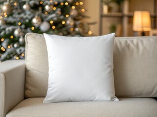 Throw pillow mockup for Christmas White throw pillow on a beige sofa with a blurred Christmas tree and warm lamp in the background, evoking a cozy festive living room scene.