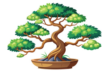 Beautiful Bonsai Tree in a Tan Pot Cartoon Style Vector Illustration with Green Leaves