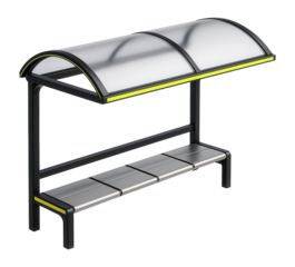 Taxi stand shelter with a polycarbonate roof and steel bench seating