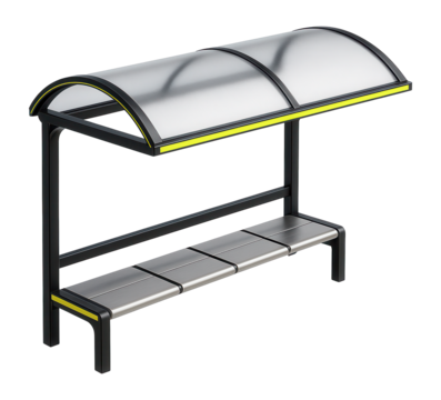 Taxi stand shelter with a polycarbonate roof and steel bench seating