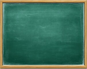 A clean, slightly scuffed green chalkboard with a simple wooden frame, showing faint chalk dust and subtle light reflections on its surface