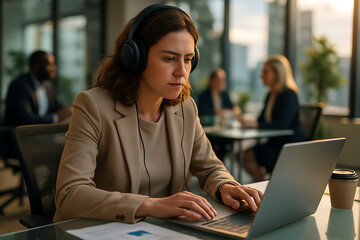 Focused Professional at Work: A focused professional, immersed in her work, is seen in a modern office setting, wearing headphones and diligently typing on a laptop.