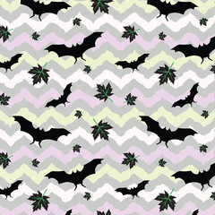 Fun Halloween Seamless Vector Pattern with Cartoon Bats, Distorted Warped Background in Orange, Pink, Gray