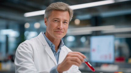 Cancer Biomarker Testing: A scientist analyzing blood samples in a lab with a centrifuge a test tube and a research room with data charts. high quality photo ultra high detail